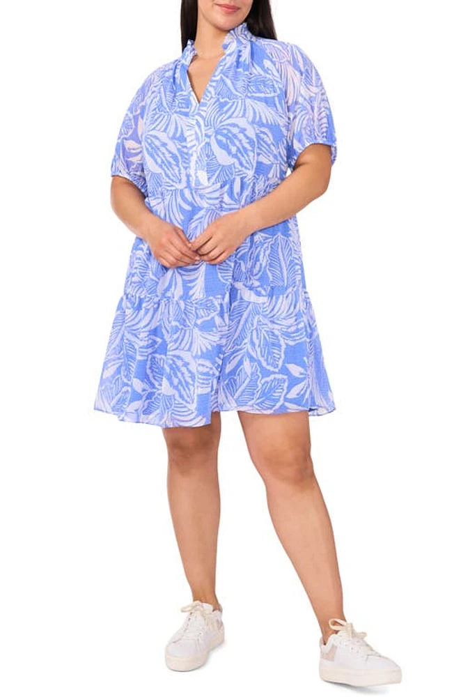 CeCe Leaf Print Babydoll Dress Tropic Night Blue at Nordstrom,