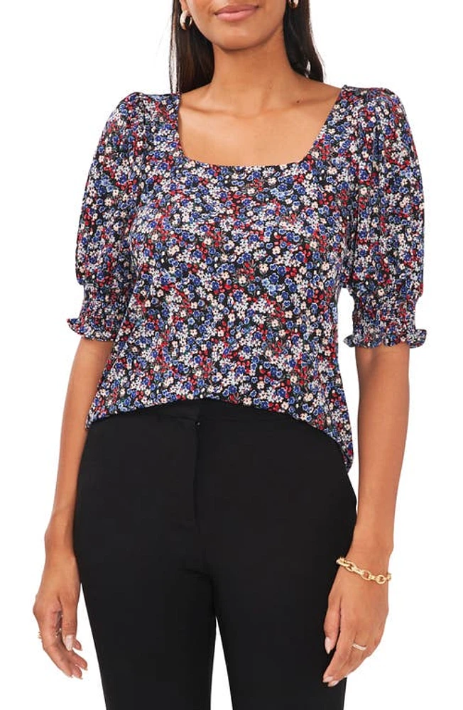 Chaus Floral Square Neck Smocked Sleeve Blouse Black/Multi at Nordstrom,