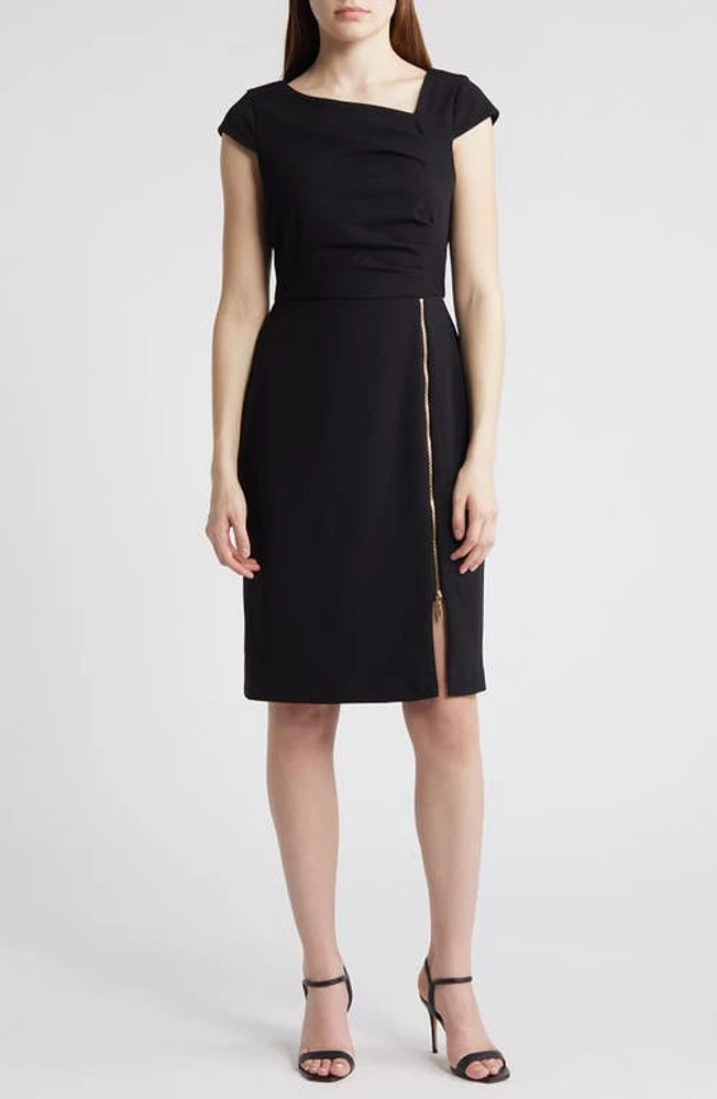 Tahari ASL Ruched Midi Sheath Dress Black at Nordstrom,