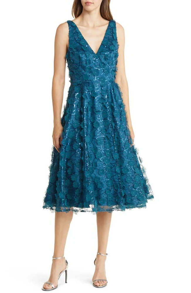 Eliza J Sequin Floral Appliqué Fit & Flare Cocktail Dress in Teal at Nordstrom, Size 4