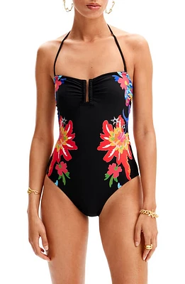 Desigual Swim Happy Bandeau One-Piece Swimsuit in Black at Nordstrom, Size Small