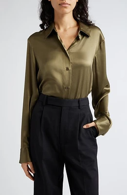 TWP The Slim Silk Button-Up Shirt Burnt Olive at Nordstrom,