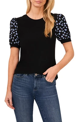 CeCe Floral Sleeve Mixed Media Knit Top in Rich Black at Nordstrom, Size X-Small