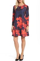 halogen(r) Button Back Ruffle Hem Dress in Navy- Burgundy Floral at Nordstrom, Size Medium