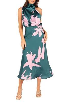 Petal & Pup Anabelle Mock Neck Satin Midi Dress Green Pink at Nordstrom,