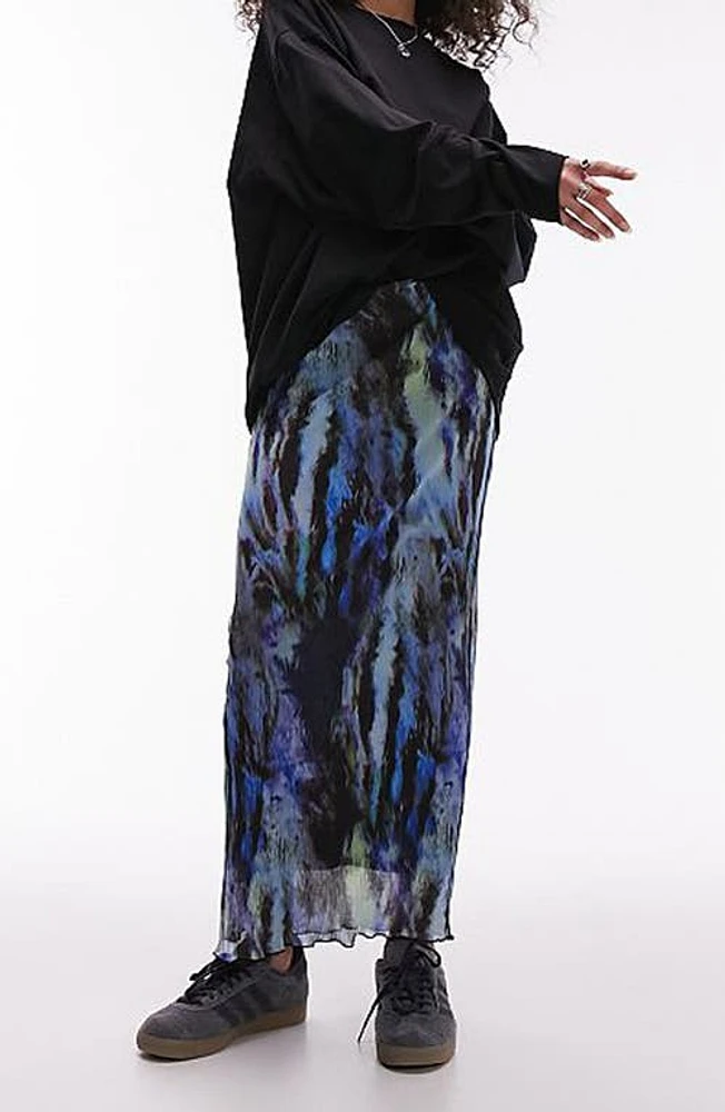 Topshop Abstract Print Plissé Maxi Skirt Mid Blue at Nordstrom, Us