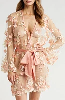 KILO BRAVA Floral Embroidered Short Robe Peachy Pink at Nordstrom,