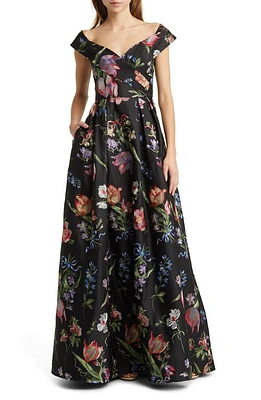 Marchesa Notte Floral Embroidered Off-the-Shoulder A-Line Gown Black Multi at Nordstrom,