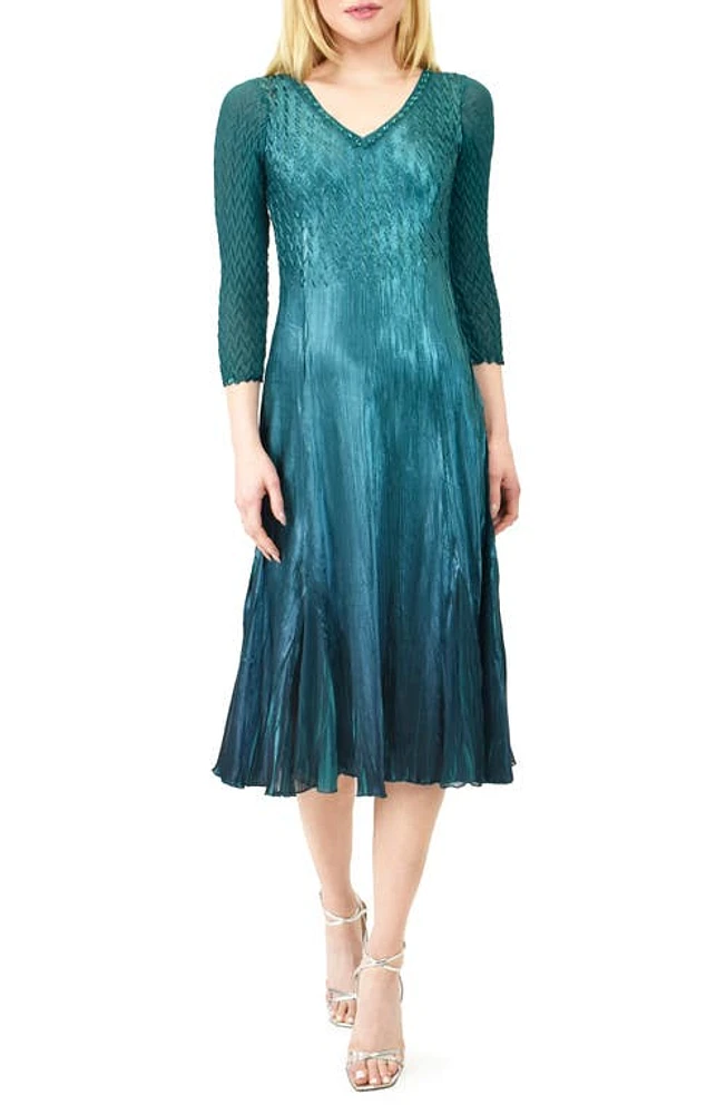 Komarov Beaded Neck Chiffon & Charmeuse Midi Dress True Emerald Bluombr at Nordstrom,