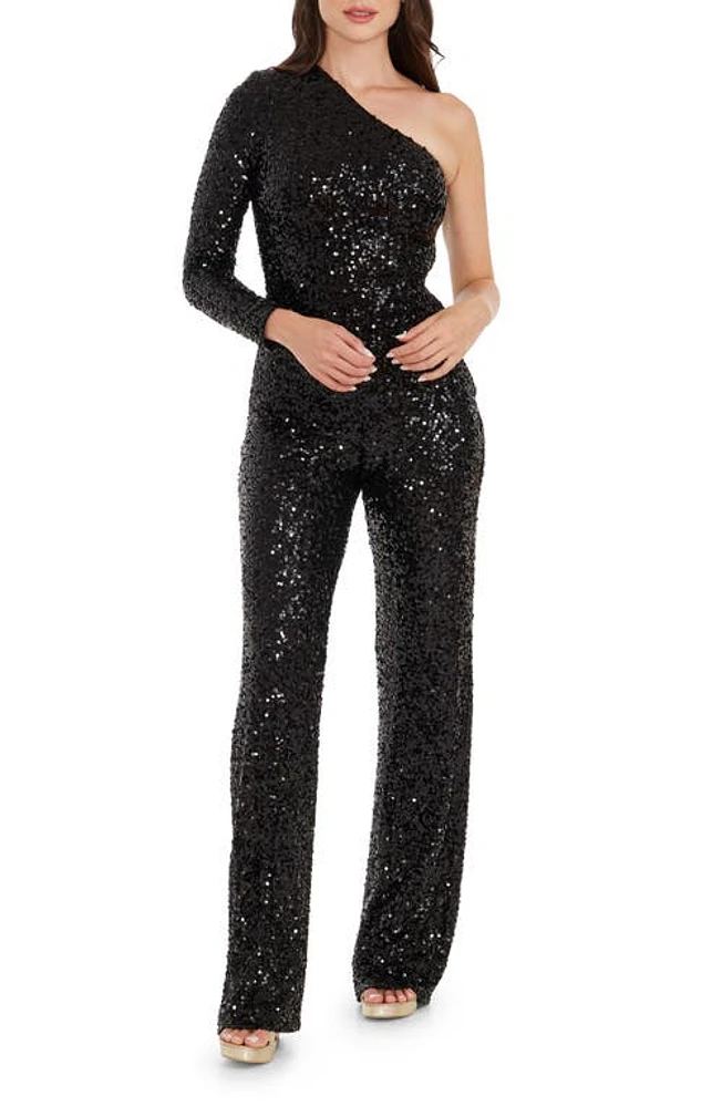 Dress the Population Easton Sequin One-Shoulder Jumpsuit Jet Black at Nordstrom,