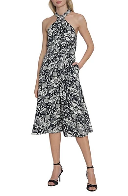 Maggy London Floral Linen Blend Midi Dress Black/Cream at Nordstrom,