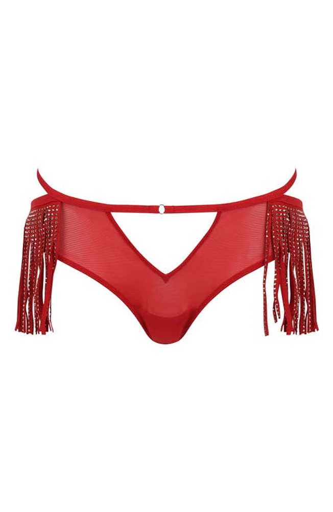 Love, Vera Fringe Rhinestone Cutout High Waist Mesh Panties at Nordstrom