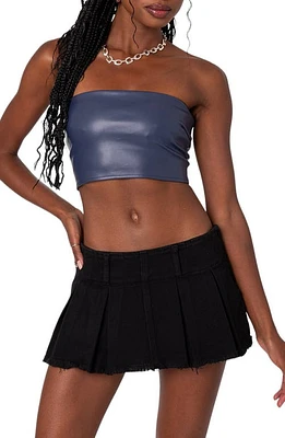 EDIKTED Mazie Lace-Up Faux Leather Crop Tube Top Navy at Nordstrom,