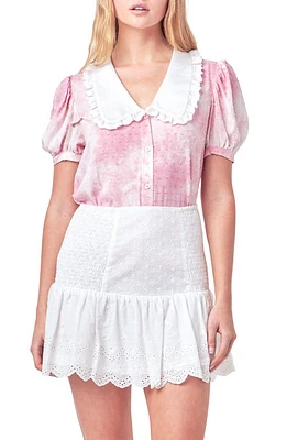 Free the Roses Tie Dye Swiss Dot Ruffle Collar Shirt Pink/White at Nordstrom,