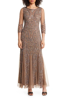 Pisarro Nights Sequin Beaded Illusion Mesh Three-Quarter Sleeve Gown Mocha at Nordstrom,