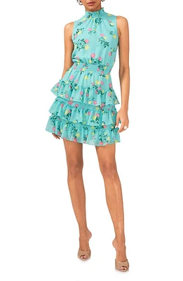 1.STATE Floral Smock Neck Sleeveless Fit & Flare Dress Ocean Teal at Nordstrom,