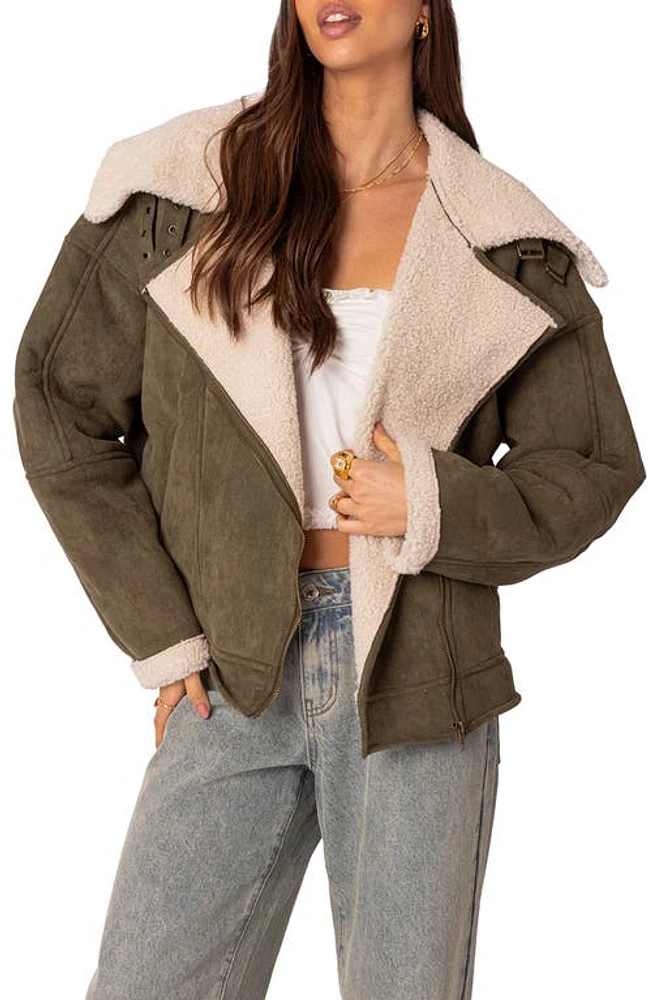 EDIKTED Oversize Faux Shearling & Suede Jacket Olive at Nordstrom,