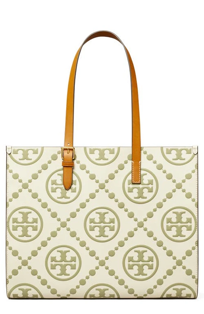 Tory Burch T Monogram Contrast Embossed Leather Tote in Olive Spring at Nordstrom