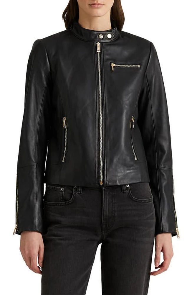 Lauren Ralph Leather Moto Jacket Black at Nordstrom,