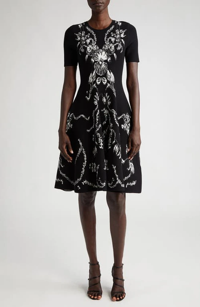 Jason Wu Collection Floral Jacquard Fit & Flare Knit Dress in Black/Chalk at Nordstrom, Size Medium