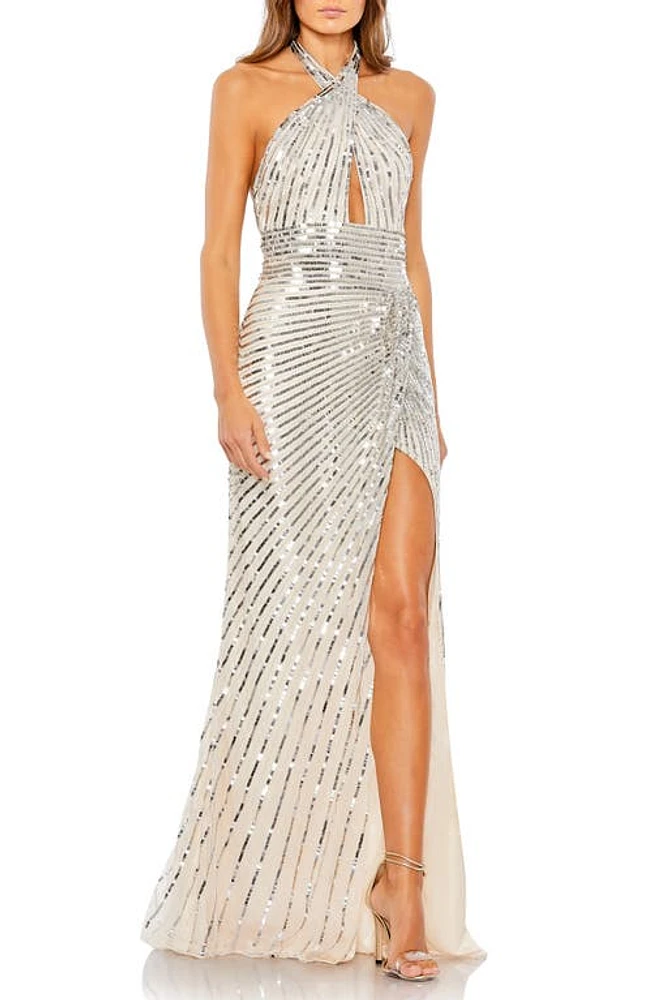 Mac Duggal Sequin Stripe Halter Gown Nude Silver at Nordstrom,