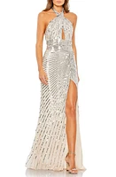 Mac Duggal Sequin Stripe Halter Gown Nude Silver at Nordstrom,