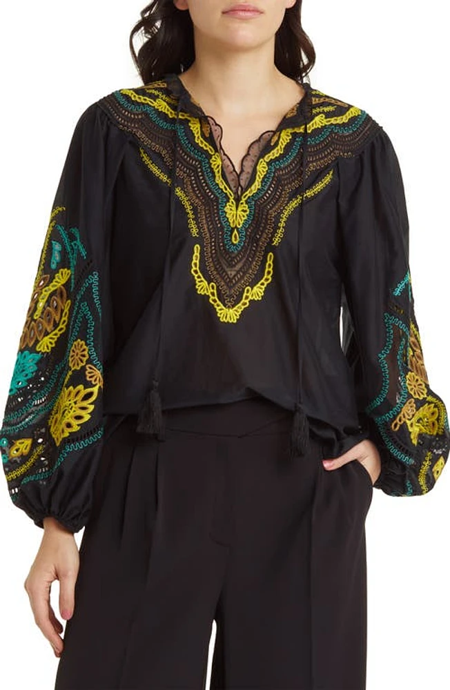 KOBI HALPERIN Embroidered Cotton & Silk Peasant Top Black at Nordstrom,