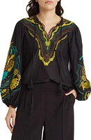 KOBI HALPERIN Embroidered Cotton & Silk Peasant Top Black at Nordstrom,