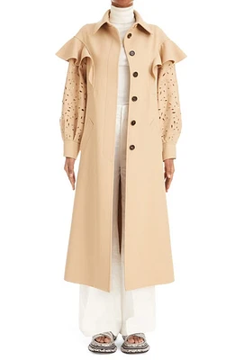 Chloé Ruffle Eyelet Sleeve Virgin Wool Gabardine Trench Coat in Pearl Beige at Nordstrom, Size 8 Us