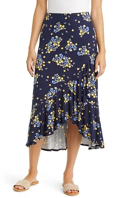 Loveappella Floral Flounce Hem Midi Skirt Navy at Nordstrom,