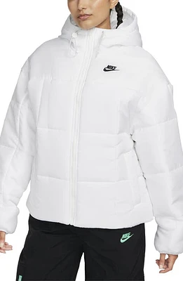 Nike Sportswear Classic Therma-FIT Hooded Water Repellent Puffer Jacket White/Black at Nordstrom,