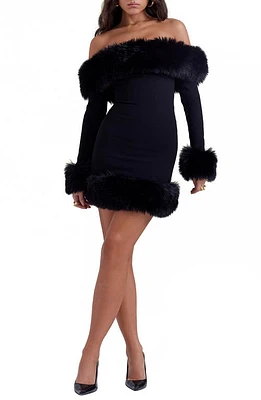 HOUSE OF CB Keilani Long Sleeve Minidress with Faux Fur Trim Black at Nordstrom,