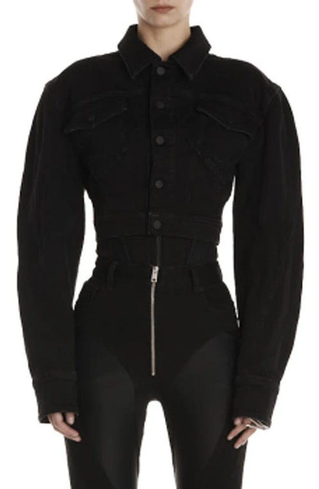 MUGLER Fitted Crop Denim Jacket Black/Black at Nordstrom, Us