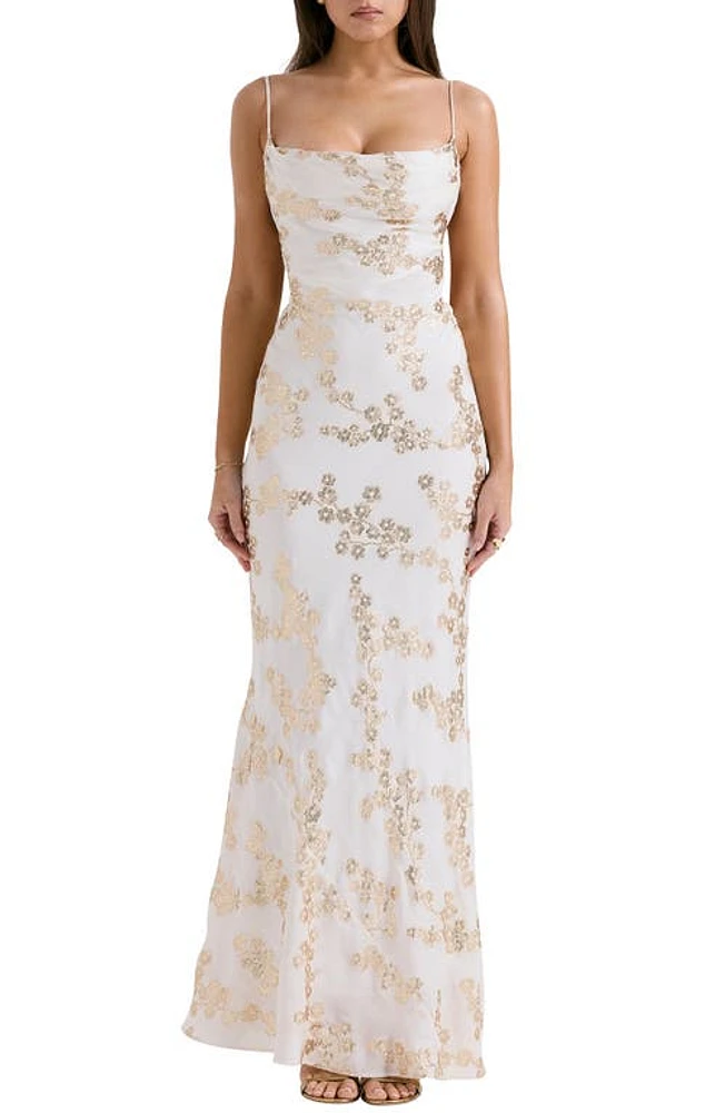 HOUSE OF CB Caprina Embroidered Floral Trumpet Gown White Gold at Nordstrom,