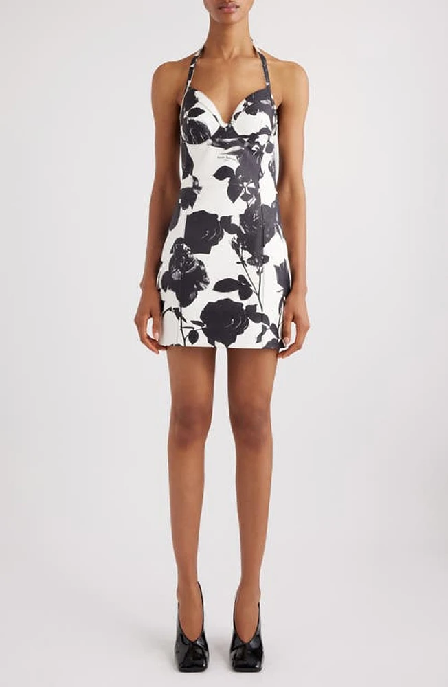 Balmain Black & White Roses Print Halter Neck Leather Minidress Gab White/Black at Nordstrom, Us