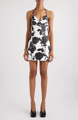 Balmain Black & White Roses Print Halter Neck Leather Minidress Gab White/Black at Nordstrom, Us