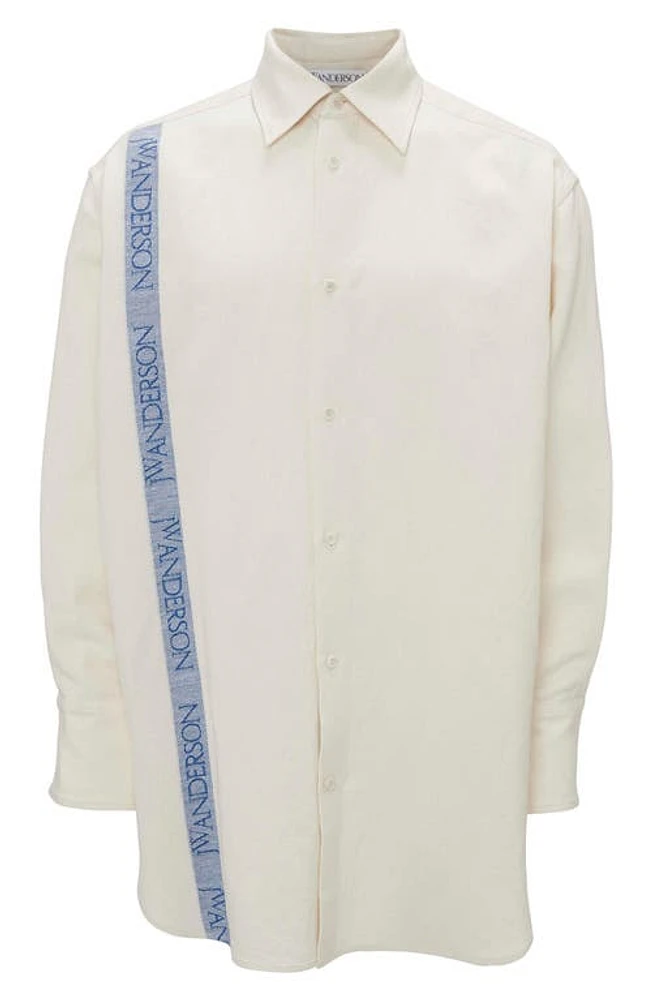 JW Anderson Oversize Logo Tape Cotton & Linen Button-Up Shirt Off White at Nordstrom,