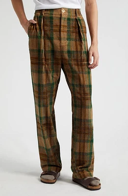 The Elder Statesman Plaid Pleated Corduroy Pants Olive at Nordstrom,