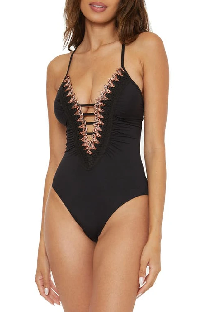 Becca Layla Crochet Trim One-Piece Swimsuit Black at Nordstrom,