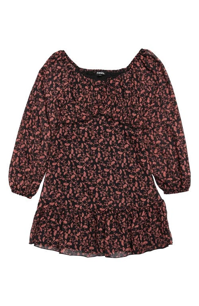 Zunie Kids' Floral Long Sleeve Tiered Dress Black/Dusty Rose at Nordstrom,