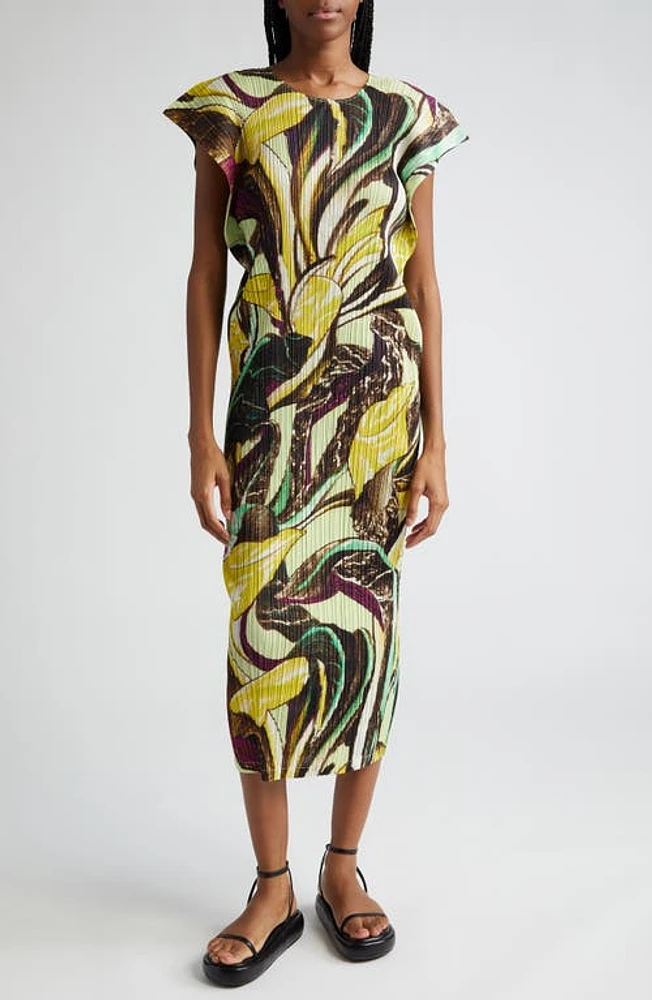 Pleats Please Issey Miyake Tardivo Print Pleated Cap Sleeve Dress Khaki at Nordstrom,