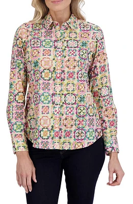 Foxcroft Zoey Watercolor Cotton Button-Up Shirt Beige Multi at Nordstrom,