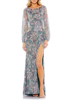 Mac Duggal Sequin Floral Long Sleeve Gown Grey Multi at Nordstrom,