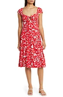 Loveappella Floral Tie Front Cap Sleeve A-Line Dress Red at Nordstrom,