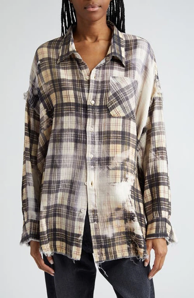 R13 Shredded Seam Bleached Plaid Oversize Cotton Flannel Button-Up Shirt Black/Beige at Nordstrom,