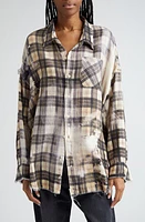 R13 Shredded Seam Bleached Plaid Oversize Cotton Flannel Button-Up Shirt Black/Beige at Nordstrom,