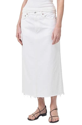 AGOLDE Della Raw Hem Denim Midi Skirt Milkshake at Nordstrom,