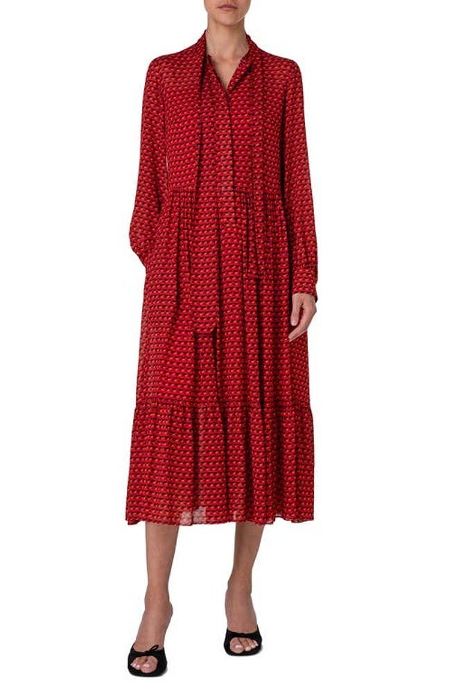 Akris punto Flamingo Dot Print Long Sleeve Crepe Midi Dress Red-Coral-Black at Nordstrom,