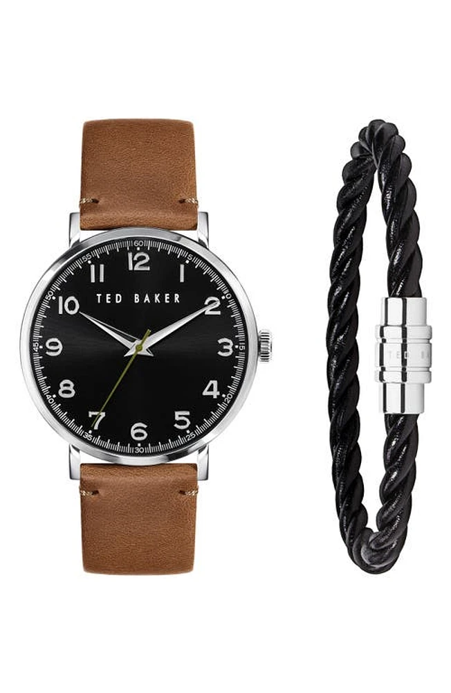 Ted Baker London Phylipa Leather Strap Watch & Leather Bracelet Set, 46mm in Tan at Nordstrom