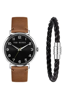 Ted Baker London Phylipa Leather Strap Watch & Leather Bracelet Set, 46mm in Tan at Nordstrom